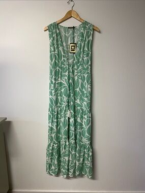 Spiaggia Dolce Sleeveless Green & White Leaf FloralPrint Maxi Dress NWT